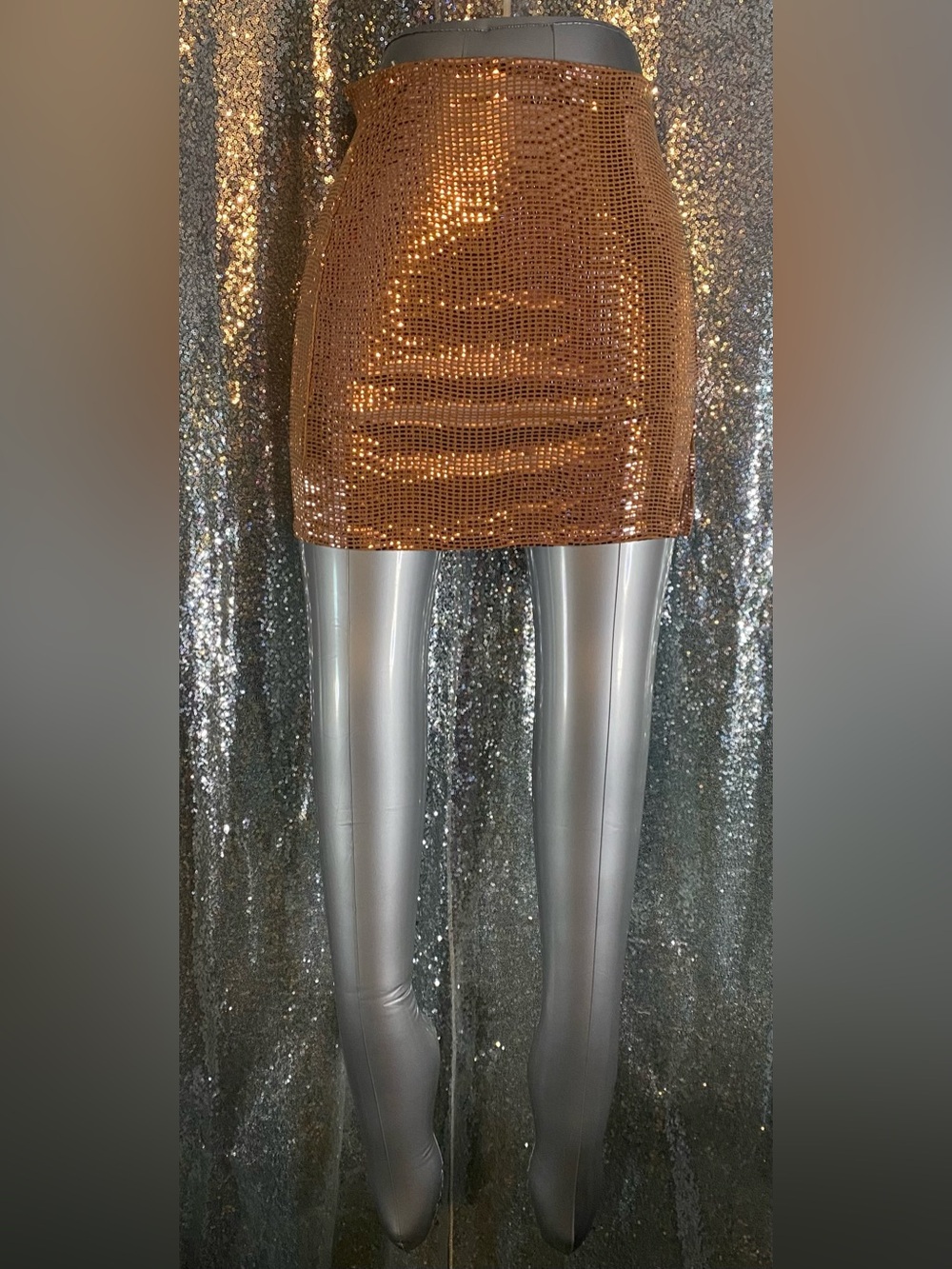 Chocolate USA Copper Sequin Mini Skirt L | Stretch Disco Party Made in USA